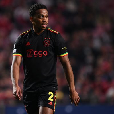 LISBON, PORTUGAL - FEBRUARY 23: Jurrien Timber of AFC Ajax in action during the UEFA Champions League Round Of Sixteen Leg One match between SL Benfica and AFC Ajax at Estadio da Luz on February 23, 2022 in Lisbon, Portugal. (Photo by Octavio Passos/Getty Images)